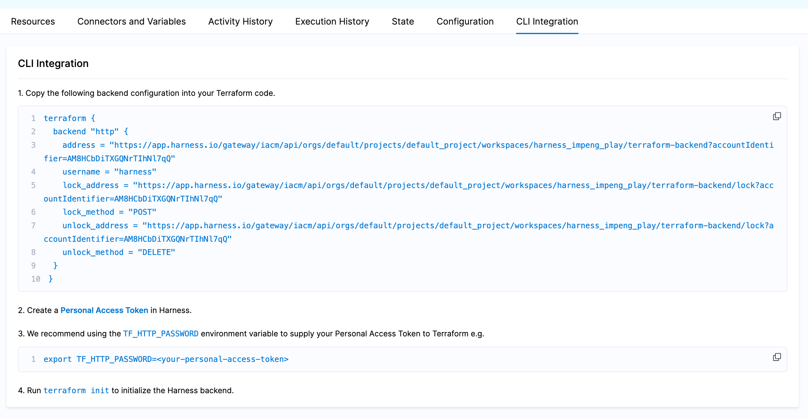 The CLI Integration tab of a Harness IaCM workspace showing the generated HTTP backend block